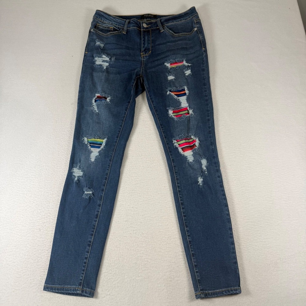 Judy Blue Distressed Serape Patchwork Skinny Jeans Women 13/31 Denim Western